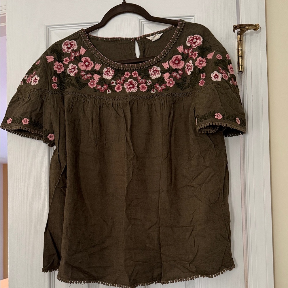 Caslon Dark Green Top with Pink Floral Design